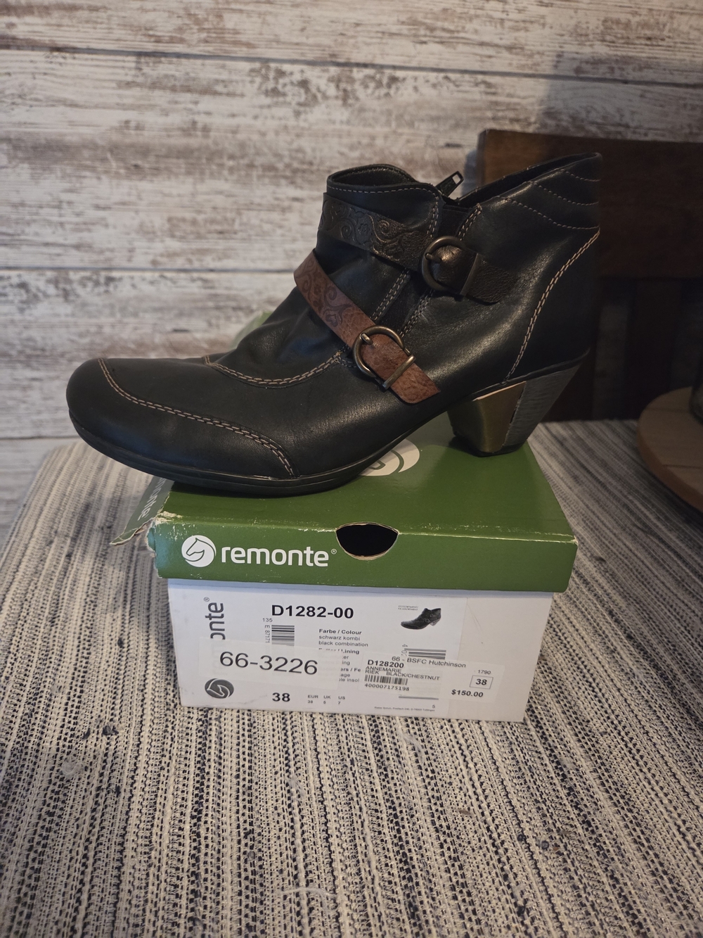 Remonte Black Leather Ankle Boots with Brown Accent Straps